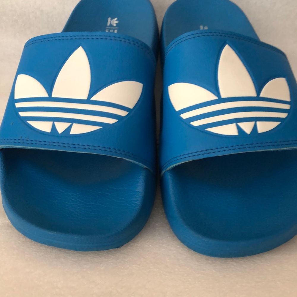 Adidas Blue Slides with White Logo - Picture 3 of 4